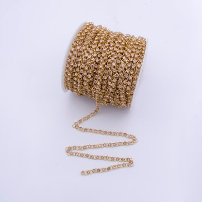 24K Gold Plated 5.2mm Designed Rolo Pink Cubic Zirconia Unfinished Chain For Jewelry Necklace Making | ROLL-864 Clearance Pricing