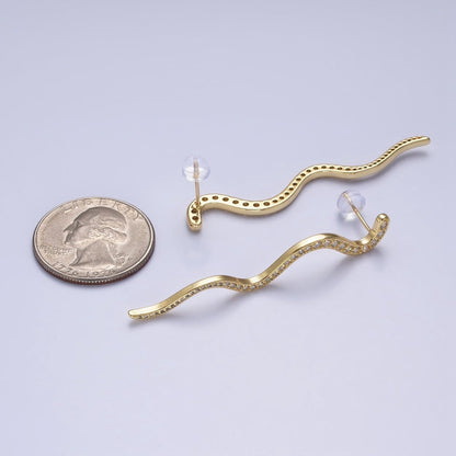 24K Gold Filled 55.7mm Slither Snake Micro Paved CZ Geometric Drop Stud Earrings | AB726
