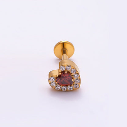 Titanium 5.5mm Red Micro Paved CZ Heart Cartilage Piercing Flat Back Stud in Gold &amp; Silver | BJ-00069 BJ-00069