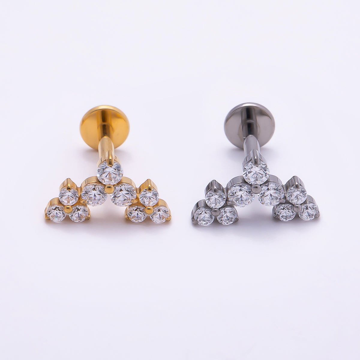 Titanium 5.5mm Triple Clear CZ Cluster Cartilage Piercing Flat Back Stud in Gold &amp; Silver | BJ-00073 BJ-00074