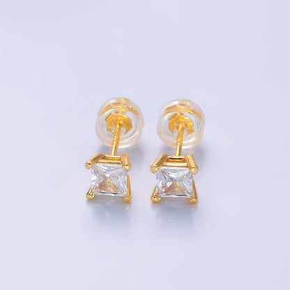 24K Gold Filled 5mm, 6mm, 7mm, 9mm Clear CZ Square Baguette Stud Earrings | AB168 - AB185