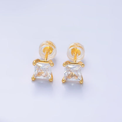 24K Gold Filled 5mm, 6mm, 7mm, 9mm Clear CZ Square Baguette Stud Earrings | AB168 - AB185