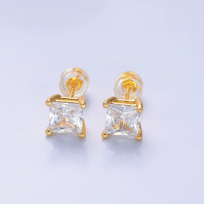 24K Gold Filled 5mm, 6mm, 7mm, 9mm Clear CZ Square Baguette Stud Earrings | AB168 - AB185