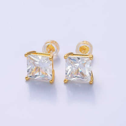24K Gold Filled 5mm, 6mm, 7mm, 9mm Clear CZ Square Baguette Stud Earrings | AB168 - AB185