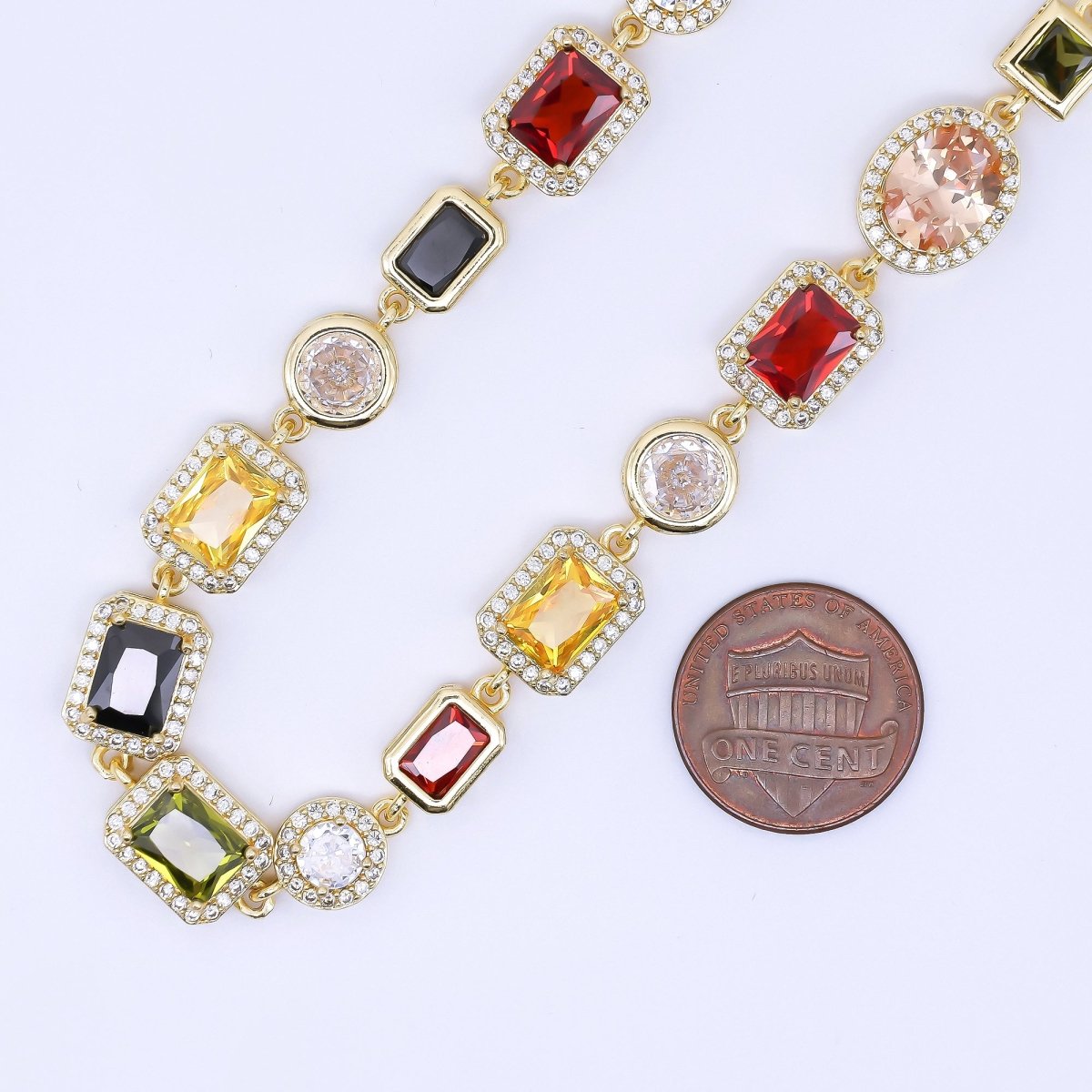 24K Gold Filled 6.7mm Geometric Multicolor Cluster Micro Paved CZ Gemstone 17.5 Inch Necklace | WA-1241