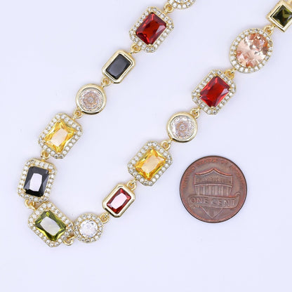 24K Gold Filled 6.7mm Geometric Multicolor Cluster Micro Paved CZ Gemstone 17.5 Inch Necklace | WA-1241
