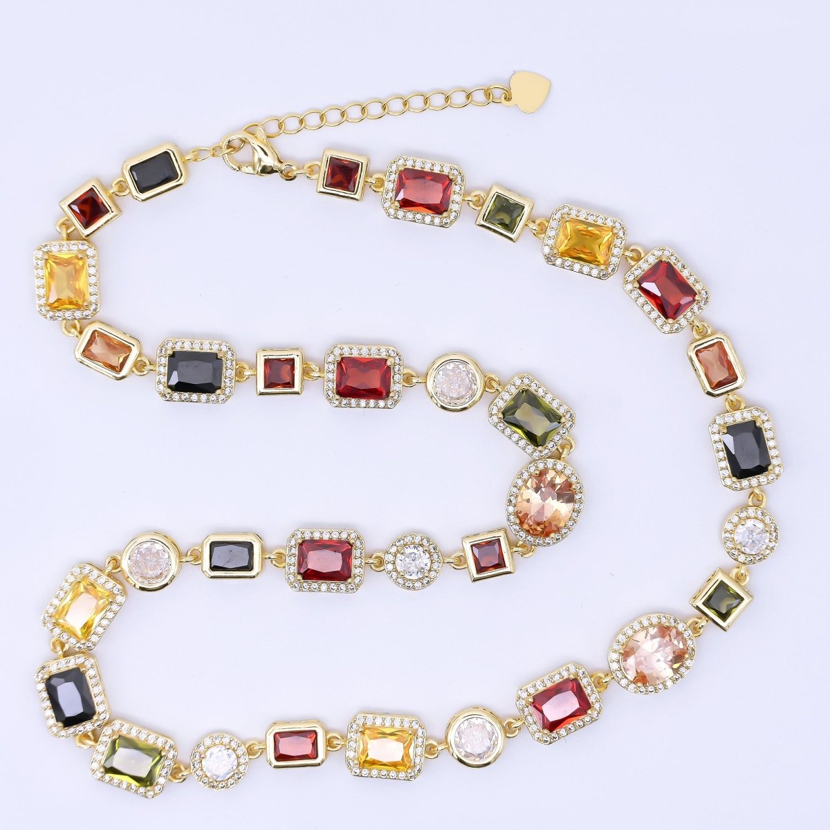 24K Gold Filled 6.7mm Geometric Multicolor Cluster Micro Paved CZ Gemstone 17.5 Inch Necklace | WA-1241