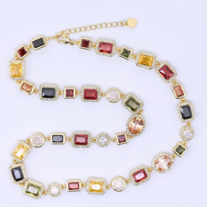 24K Gold Filled 6.7mm Geometric Multicolor Cluster Micro Paved CZ Gemstone 17.5 Inch Necklace | WA-1241