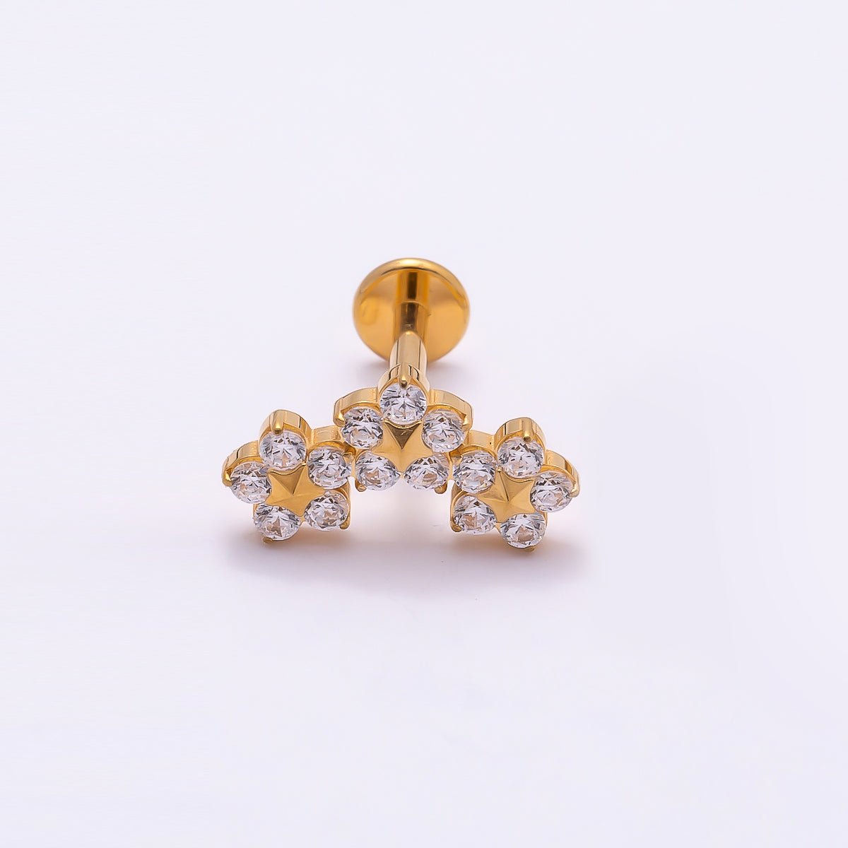 Titanium 6mm Clear CZ Triple Flower Cartilage Piercing Flat Back Stud in Gold &amp; Silver | BJ-00071 BJ-00072
