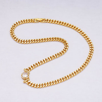 24K Gold Filled 6mm Round Micro Paved CZ Solitaire Curb Chain 17.5 Inch Necklace | WA-04280