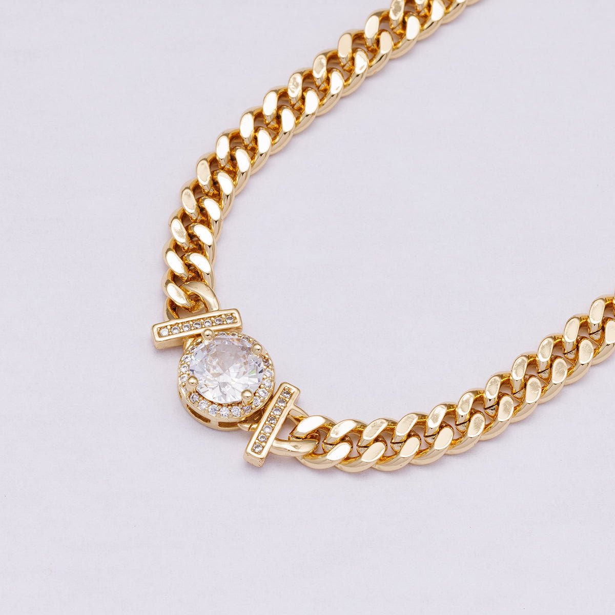 24K Gold Filled 6mm Round Micro Paved CZ Solitaire Curb Chain 17.5 Inch Necklace | WA-04280