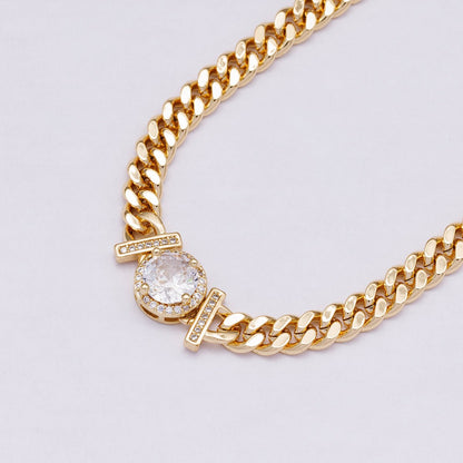 24K Gold Filled 6mm Round Micro Paved CZ Solitaire Curb Chain 17.5 Inch Necklace | WA-04280