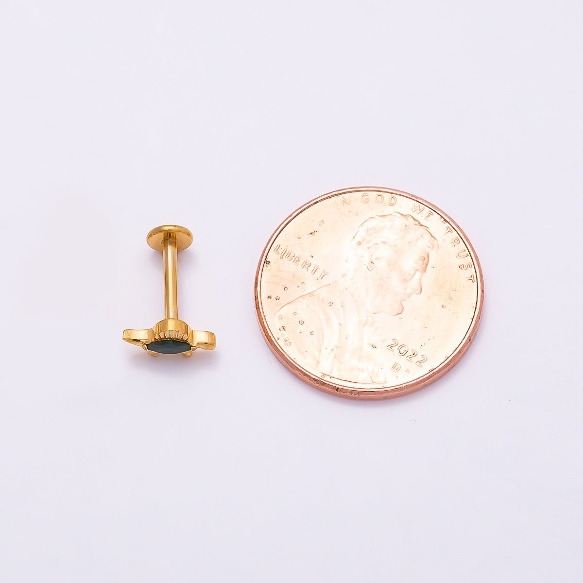 Titanium 7.5mm Green CZ Dinosaur Single Cartilage Piercing Flat Back Stud in Gold &amp; Silver | BJ-00059 BJ-00060