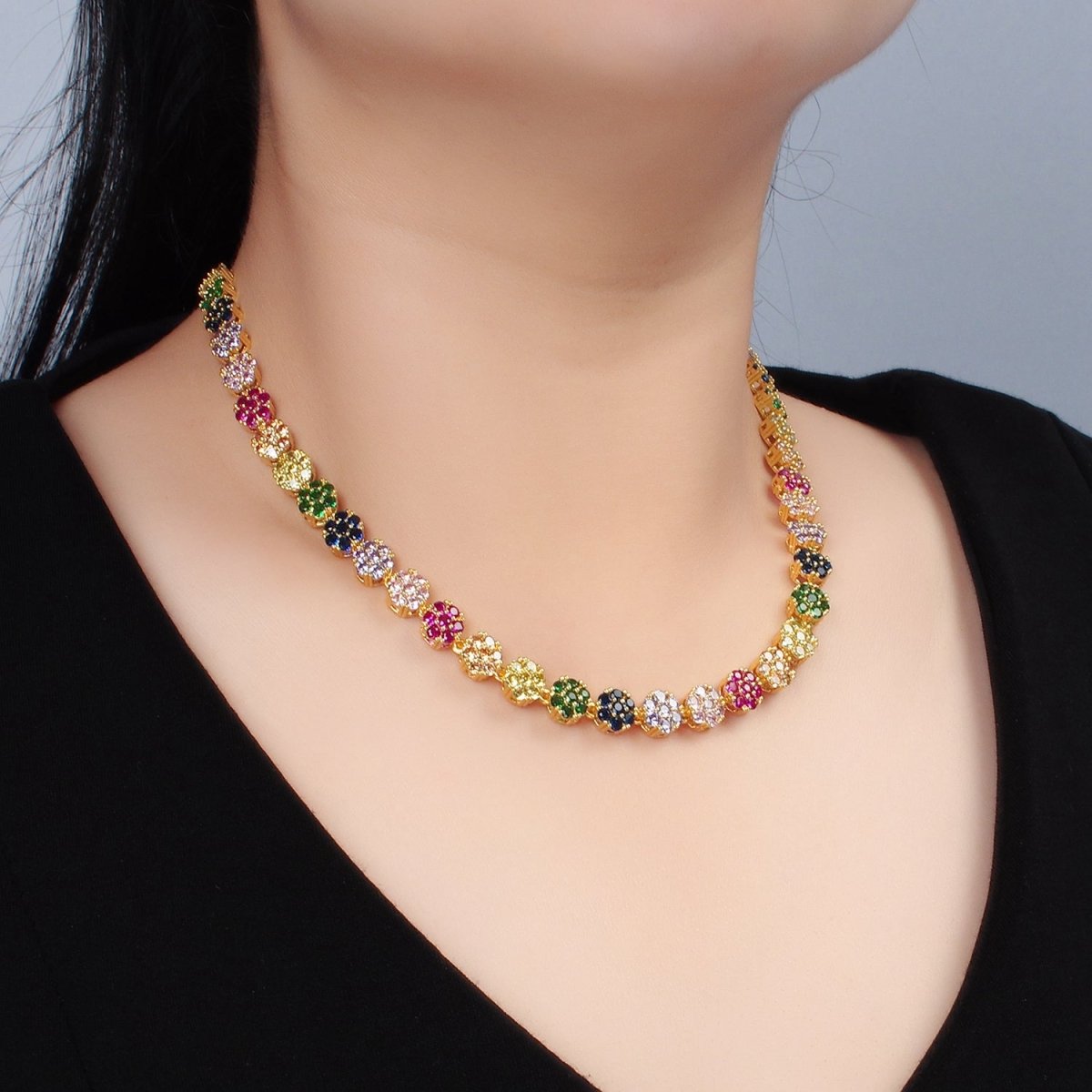 24K Gold Filled 7.8mm Multicolor CZ Flower 15.5 Inch Choker Necklace in Gold &amp; Silver | WA-2563 WA-02564