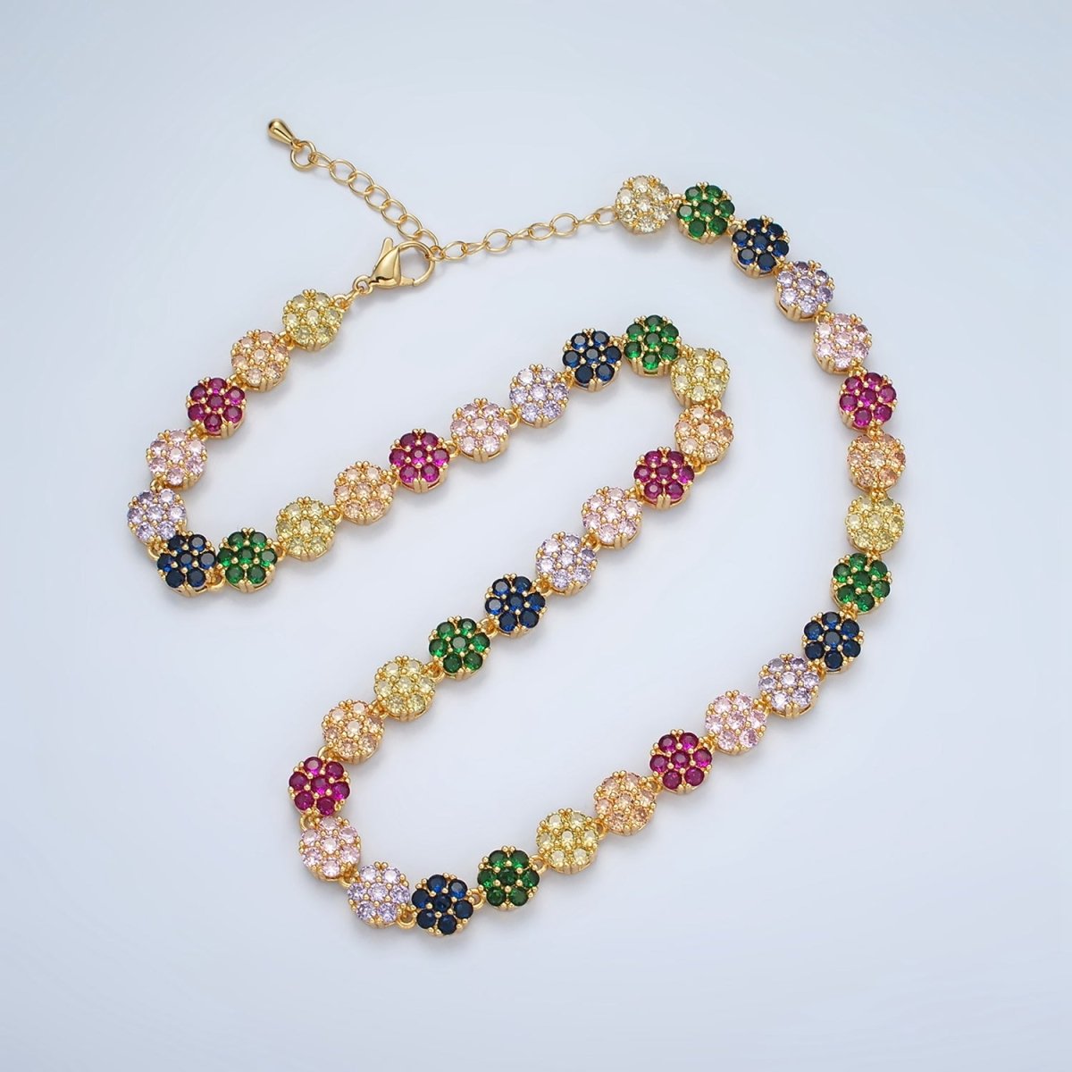 24K Gold Filled 7.8mm Multicolor CZ Flower 15.5 Inch Choker Necklace in Gold &amp; Silver | WA-2563 WA-02564