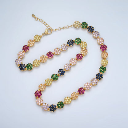 24K Gold Filled 7.8mm Multicolor CZ Flower 15.5 Inch Choker Necklace in Gold &amp; Silver | WA-2563 WA-02564