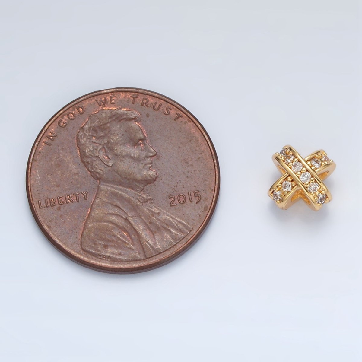 24K Gold Filled 7mm Micro Paved CZ Double Crossed Band Bead in Gold &amp; Silver | B396