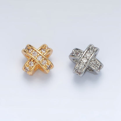 24K Gold Filled 7mm Micro Paved CZ Double Crossed Band Bead in Gold &amp; Silver | B396