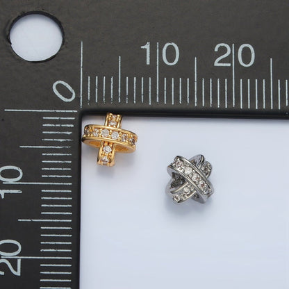 24K Gold Filled 7mm Micro Paved CZ Double Crossed Band Bead in Gold &amp; Silver | B396