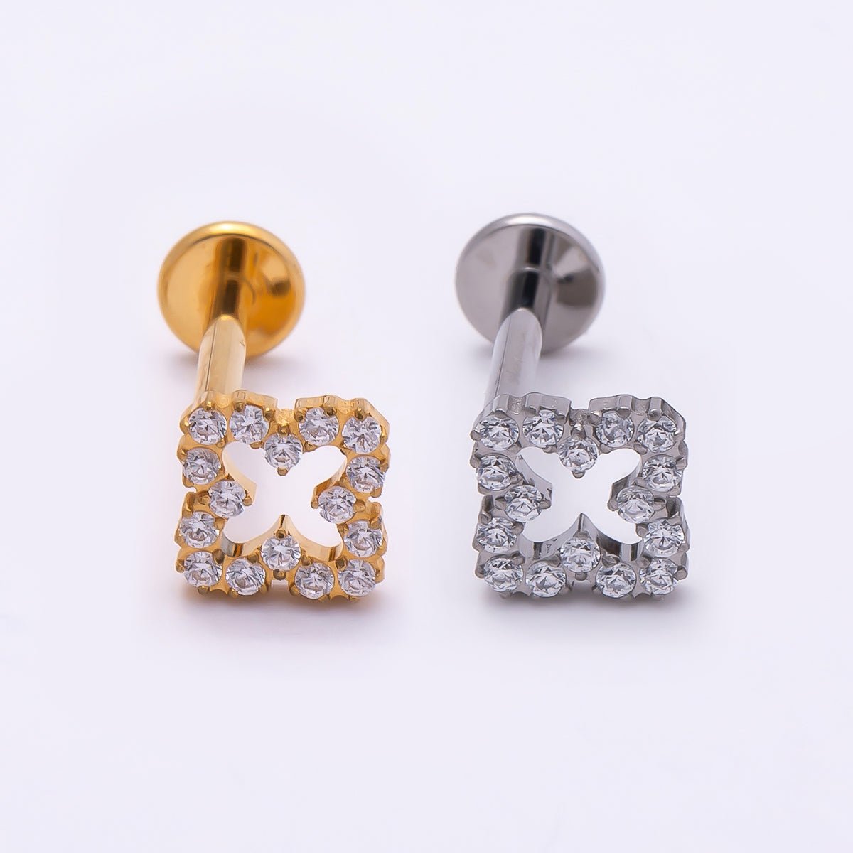 Titanium 7mm Micro Paved CZ Open Flower Cartilage Piercing Flat Back Stud in Gold &amp; Silver | BJ-00065 BJ-00066