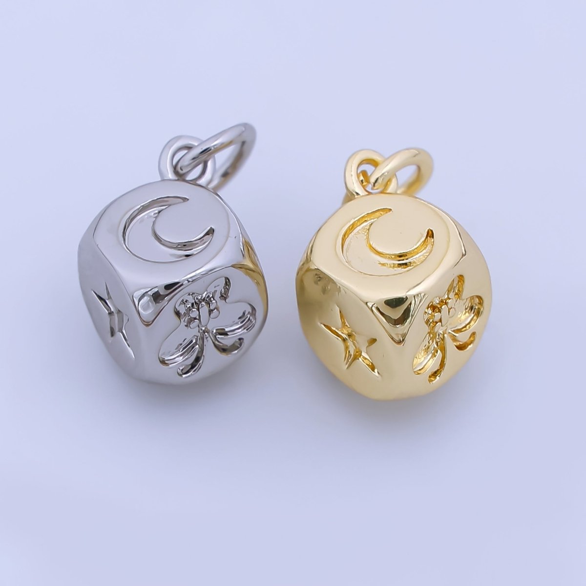 24K Gold Filled 8mm Celestial Moon Star Butterfly Dice Multidimensional 3D Charm in Gold &amp; Silver | AJ471