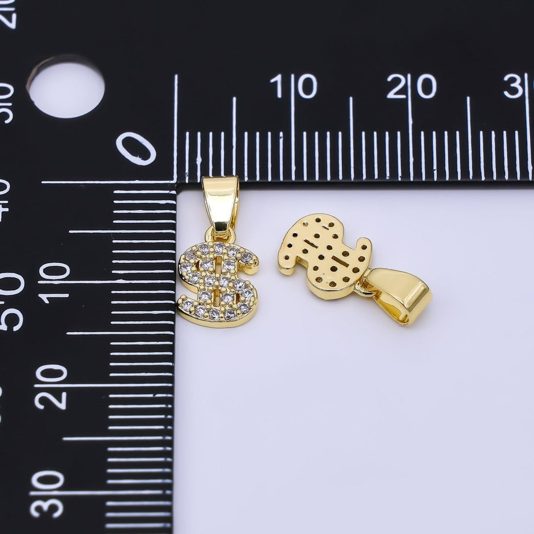 24K Gold Filled 9.5mm Micro Paved CZ Money Dollar Sign Pendant | AA-1607