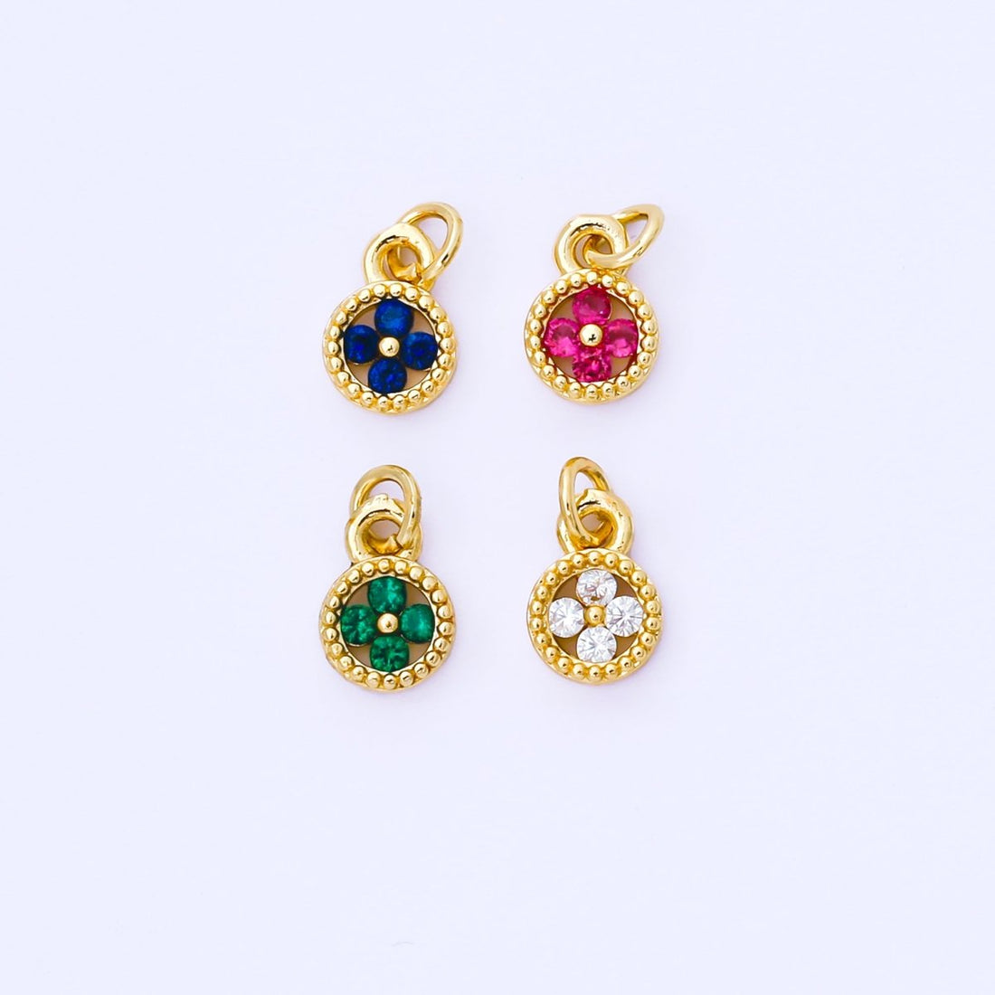 24K Gold Filled 9mm Green, Blue, Fuchsia CZ Clover Flower Dotted Round Charm | AF1500 AF1501