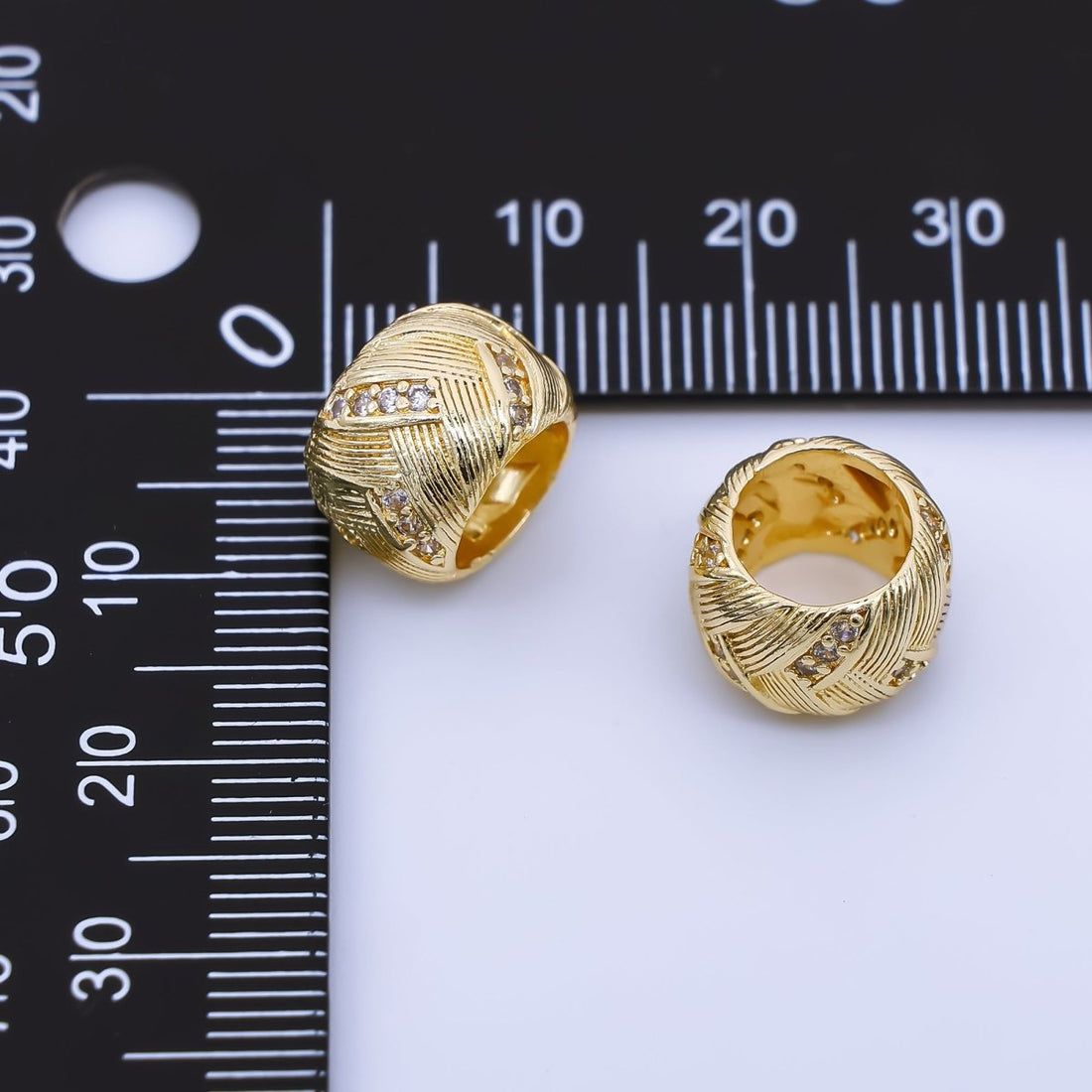 24K Gold Filled 9mm Micro Paved CZ Ribbed Textured Tube Bead Spacer | B479