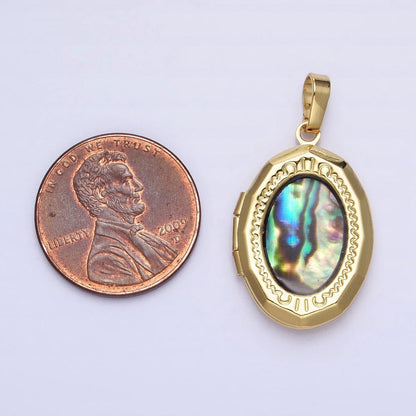 24K Gold Filled Abalone Oval Geometric Engraved Locket in Gold &amp; Silver | AA-369 AA-370