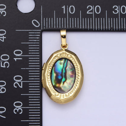 24K Gold Filled Abalone Oval Geometric Engraved Locket in Gold &amp; Silver | AA-369 AA-370