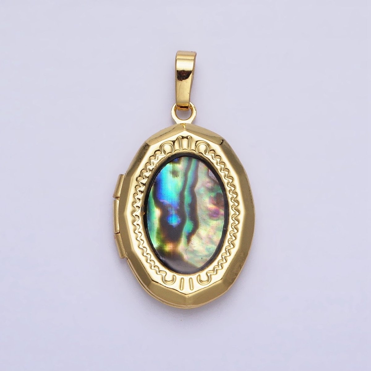 24K Gold Filled Abalone Oval Geometric Engraved Locket in Gold &amp; Silver | AA-369 AA-370