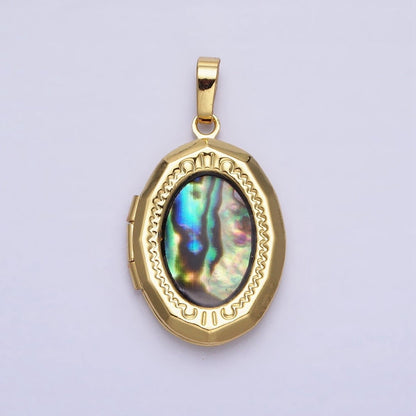 24K Gold Filled Abalone Oval Geometric Engraved Locket in Gold &amp; Silver | AA-369 AA-370