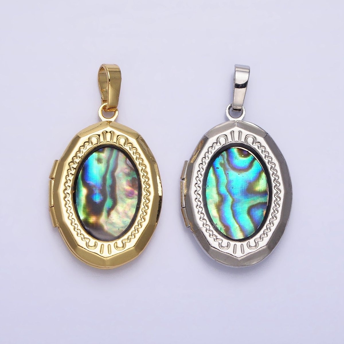 24K Gold Filled Abalone Oval Geometric Engraved Locket in Gold &amp; Silver | AA-369 AA-370