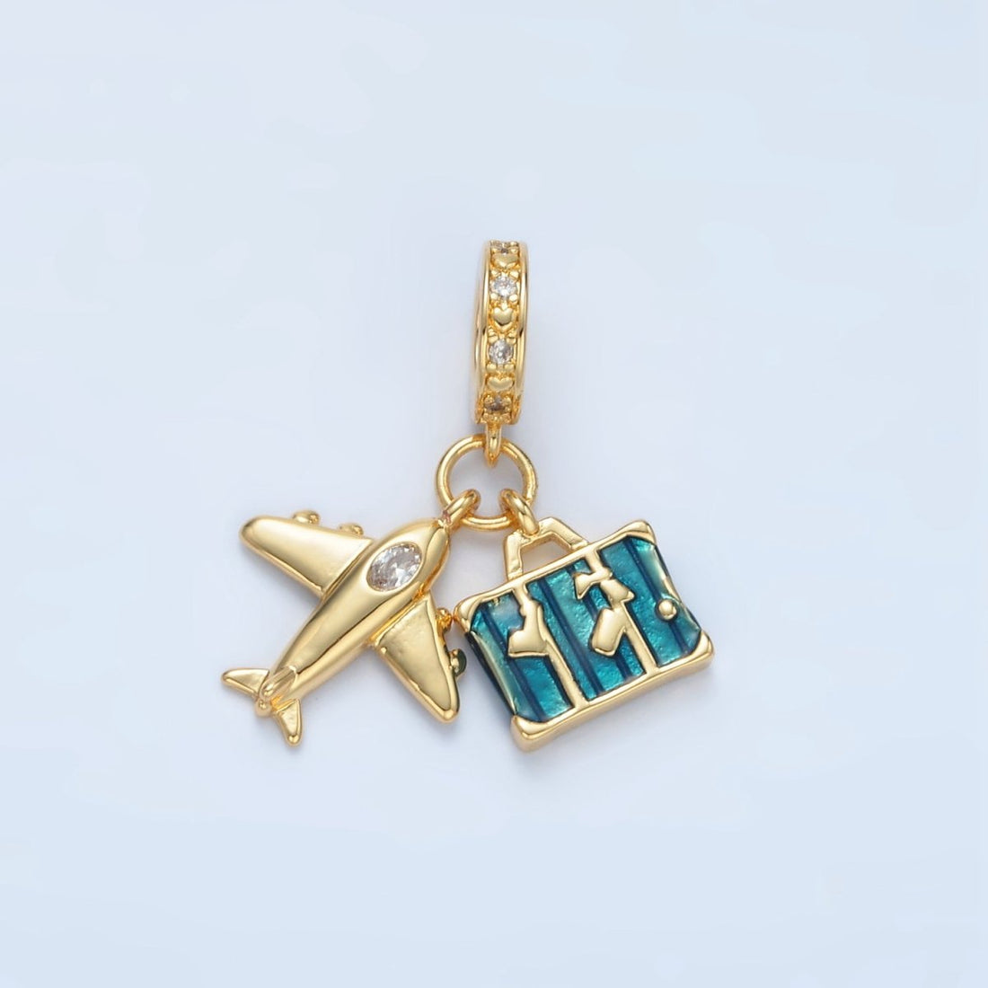 24K Gold Filled Airplane Suitcase Micro Paved CZ Rhondelle Bail Drop Travel Pendant | E362