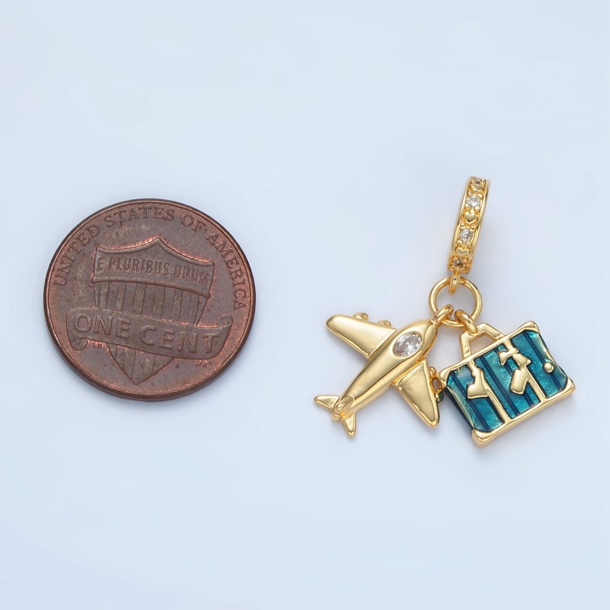 24K Gold Filled Airplane Suitcase Micro Paved CZ Rhondelle Bail Drop Travel Pendant | E362