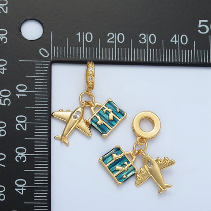 24K Gold Filled Airplane Suitcase Micro Paved CZ Rhondelle Bail Drop Travel Pendant | E362