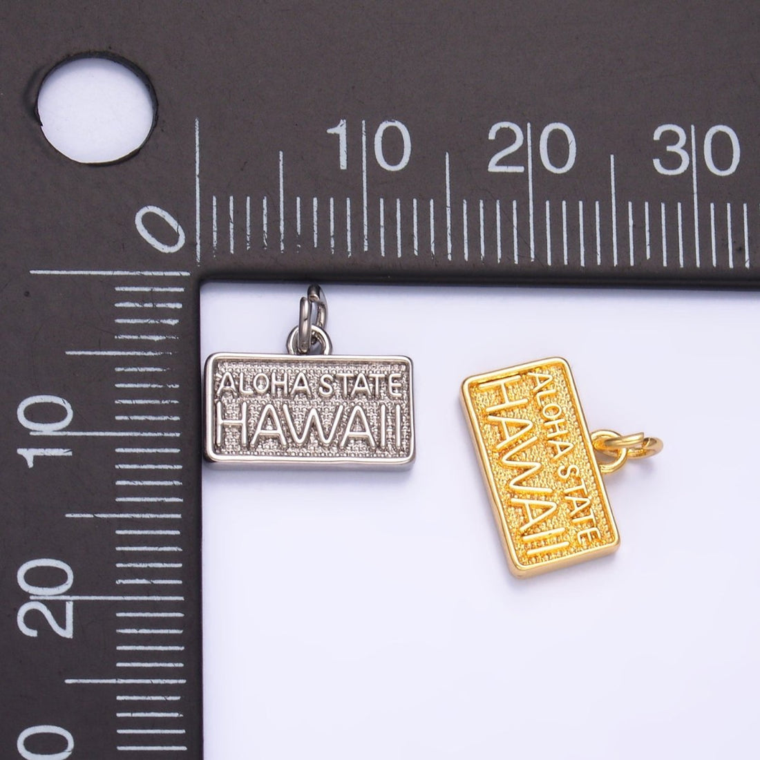 24K Gold Filled 9mm "ALOHA STATE: HAWAII" Script License Plate Charm in Gold &amp; Silver | W284