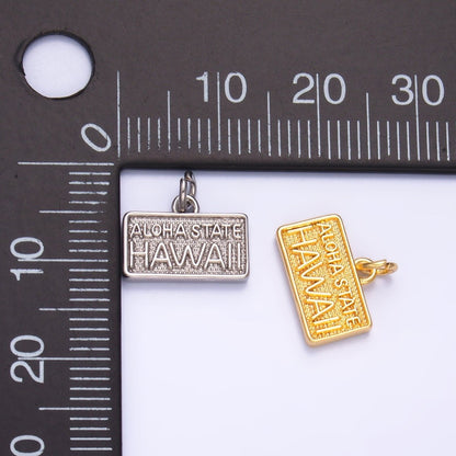 24K Gold Filled 9mm "ALOHA STATE: HAWAII" Script License Plate Charm in Gold &amp; Silver | W284