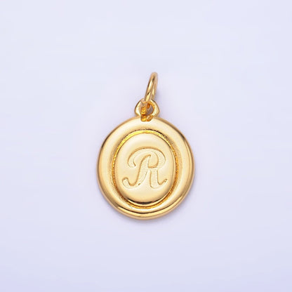 24K Gold Filled Alphabet Letter Initial Script Engraved Stamped Oval Charm | A836 - A848
