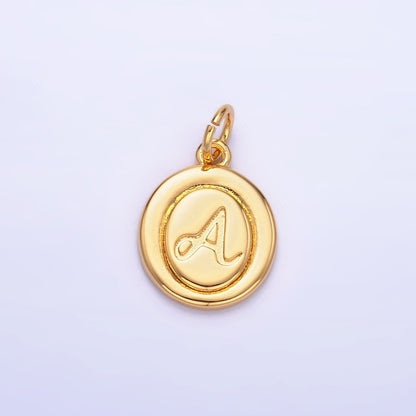 24K Gold Filled Alphabet Letter Initial Script Engraved Stamped Oval Charm | A836 - A848