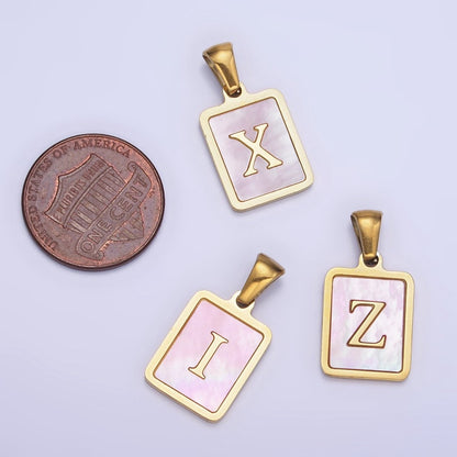 24K Gold Filled Alphabet Letter Pink Shell Pearl Bezel Pendant | A-A1565-A-A1577