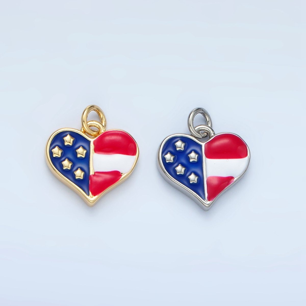 24K Gold Filled 11mm America Flag Enamel Heart Charm in Gold &amp; Silver | N804