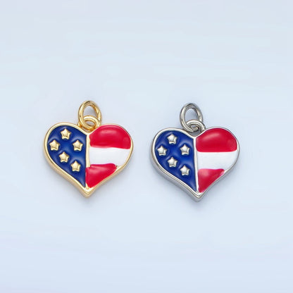 24K Gold Filled 11mm America Flag Enamel Heart Charm in Gold &amp; Silver | N804