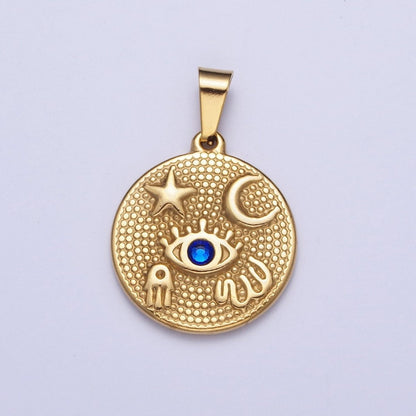24k Gold Filled Amulet Pendant Lucky Coin with Evil Eye Moon Star Hamsa Hand Charm X-651