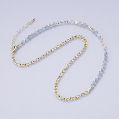 24K Gold Filled Aquamarine Multifaceted Gemstone Ball Cable Chain Half 16.5 Inch Necklace w. Extender | WA-04202