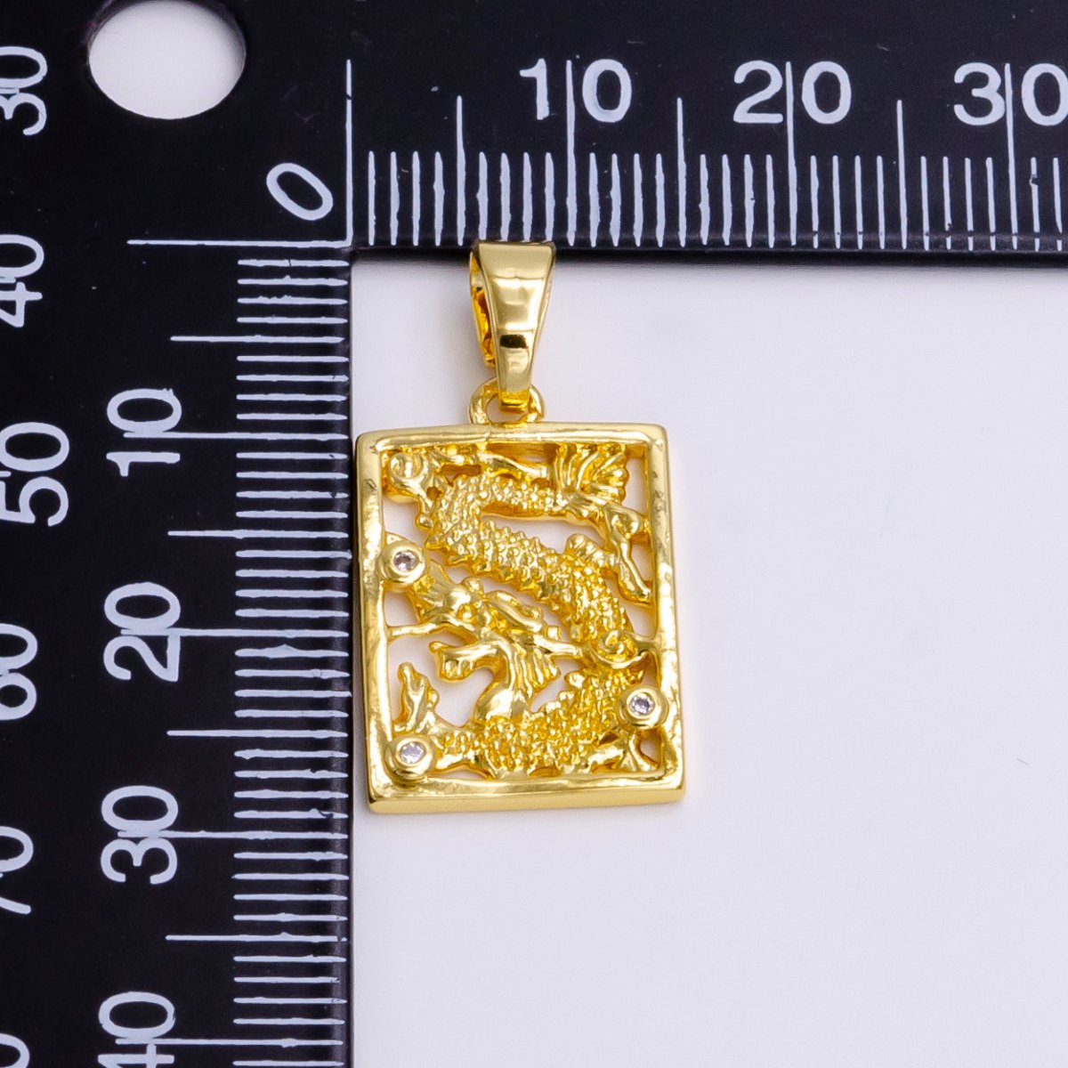 24K Gold Filled Asian Dragon Triple Clear CZ Open Rectangular Framed Tag Pendant | AA778