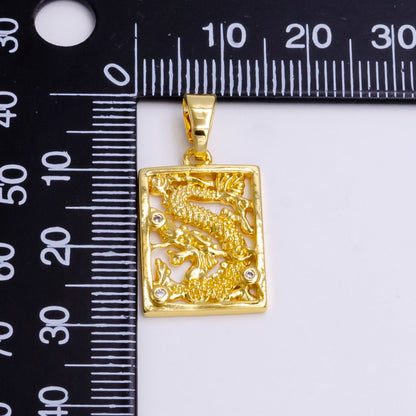 24K Gold Filled Asian Dragon Triple Clear CZ Open Rectangular Framed Tag Pendant | AA778