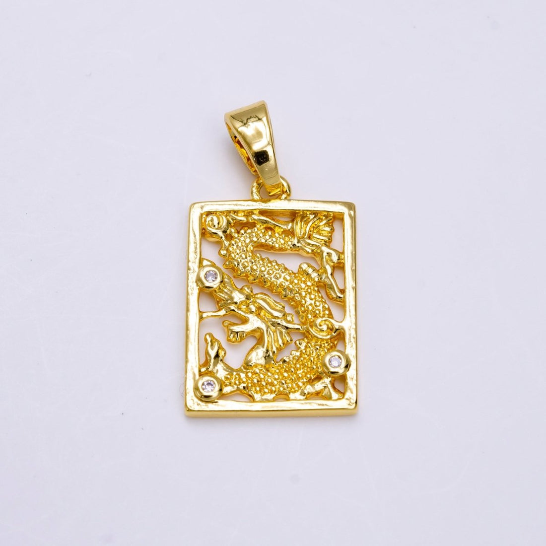 24K Gold Filled Asian Dragon Triple Clear CZ Open Rectangular Framed Tag Pendant | AA778