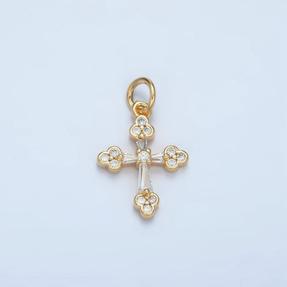 24K Gold Filled Baguette Clear CZ Religious Buttony Cross Charm | E851