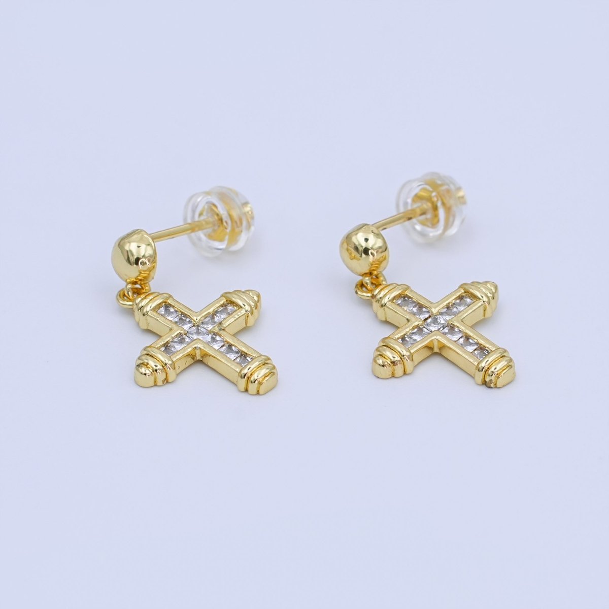 24K Gold Filled Baguette CZ Cross Round Drop Stud Earrings | AI437
